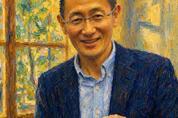 Portrait of a smiling man in a blue blazer holding a small ball, standing in a sunlit room with a colorful painting in the background.