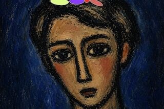 Expressionist portrait of a person with dark hair and a solemn expression against a blue background, wearing colorful beads on the head.