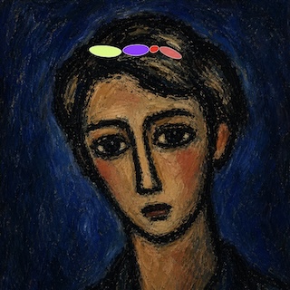 Expressionist portrait of a person with dark hair and a solemn expression against a blue background, wearing colorful beads on the head.