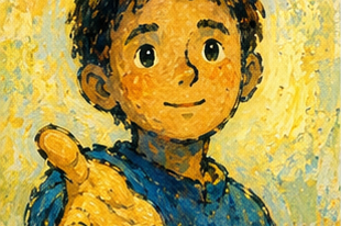 Illustration of a smiling young boy in a blue shirt extending his hand toward the viewer.
