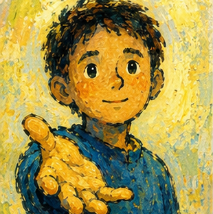 Illustration of a smiling young boy in a blue shirt extending his hand toward the viewer.