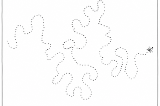 Dotted-line abstract shapes forming two coral-like, lobed figures, with a small bee on the right.