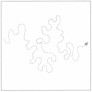 Dotted-line abstract shapes forming two coral-like, lobed figures, with a small bee on the right.