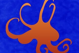 Orange stylized octopus logo with curling tentacles on a blue background.