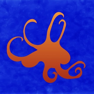 Orange stylized octopus logo with curling tentacles on a blue background.