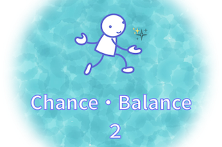 Circular turquoise badge with water texture, a white stick figure balancing, sparkles, and the caption 'Chance • Balance' with the number 2.