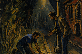 Two men under a streetlamp at night; one kneels by a curb examining the ground, while the other stands and gestures beside a brick building.