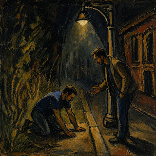 Two men under a streetlamp at night; one kneels by a curb examining the ground, while the other stands and gestures beside a brick building.