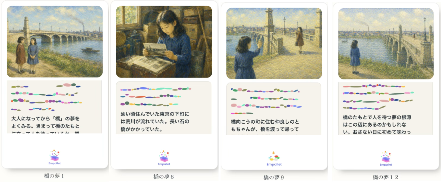 Two girls in dresses stand by a river beneath a stone bridge on a sunny day.Dawn? ( Revised: Two girls in dresses stand by a river beneath a stone bridge on a sunny day.)