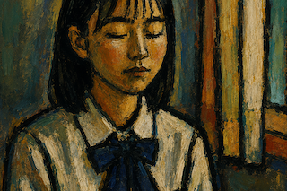 Portrait of a young girl with dark hair, eyes closed, wearing a white blouse with a navy bow, seated by a window.