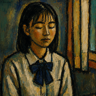 Portrait of a young girl with dark hair, eyes closed, wearing a white blouse with a navy bow, seated by a window.