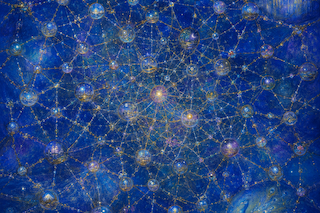 インドラの綱II A glowing cosmic network of interconnected nodes forming a dense web across a blue space background with planets in the corners, illustrating a digital/space network.