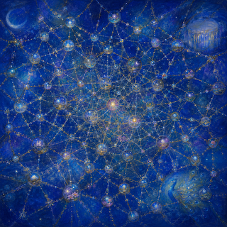 A glowing cosmic network of interconnected nodes forming a dense web across a blue space background with planets in the corners, illustrating a digital/space network.