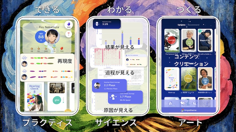 Three smartphone screens in a row showing a learning app with Practice, Science, and Art sections and sample progress cards and charts.