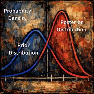 Graph of two probability density curves on a dark textured background: blue curve for Prior Distribution on the left and red curve for Posterior Distribution on the right.