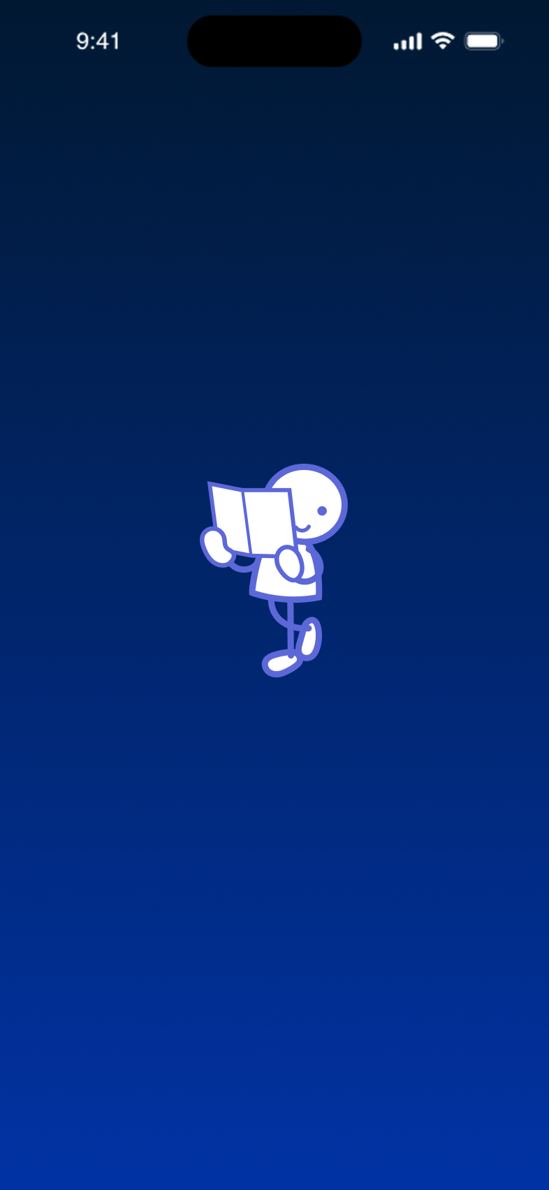 White outlined stick-figure character reading a book at the center on a blue gradient background