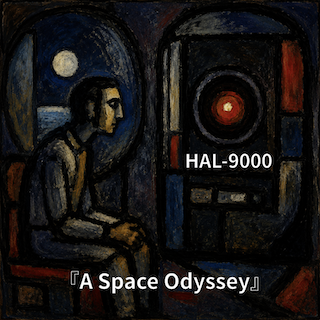 Expressionist painting of a person beside HAL-9000's red eye, with HAL-9000 text and 'A Space Odyssey' caption.