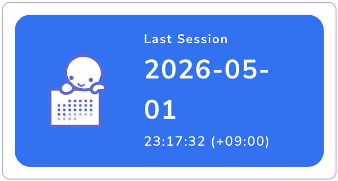 Blue rounded card titled Last Session showing the date 2026-05-01 and time 23:17:32 (+09:00) with a cute character peeking over a calendar icon on the left.