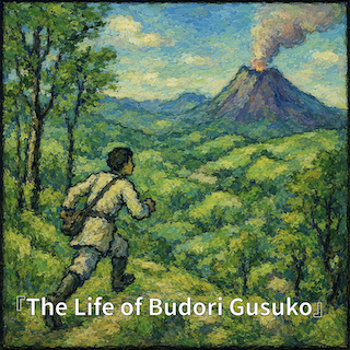 Painterly landscape with a boy running through a green forest toward a distant smoking volcano; title 'The Life of Budori Gusuko' at the bottom.