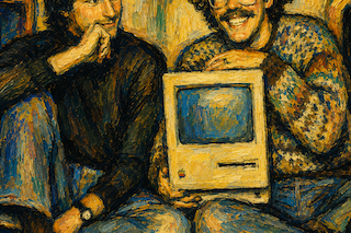 Two men sitting on a couch in a colorful painting, one holding a vintage beige computer with a CRT monitor.