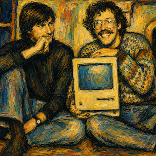 Two men sitting on a couch in a colorful painting, one holding a vintage beige computer with a CRT monitor.