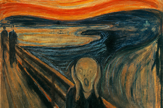 Expressionist painting of a figure on a bridge with an agonized face, swirling orange sky and dark fjord in the background.