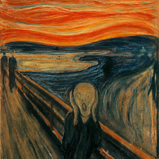 Expressionist painting of a figure on a bridge with an agonized face, swirling orange sky and dark fjord in the background.