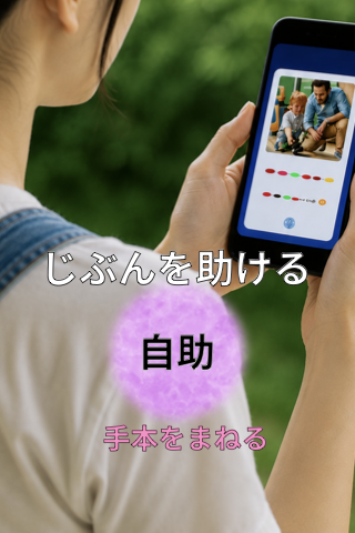 Person holding a smartphone showing a learning app; Japanese overlays say 'Self-help' and 'Imitate the example'.