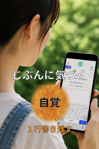 Person outdoors looking at a smartphone screen; large orange pom-pom and Japanese text '自覚' convey a self‑awareness message.