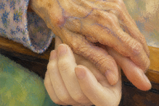 Close-up of an elderly hand resting over a younger hand, conveying care and connection in a painted scene.