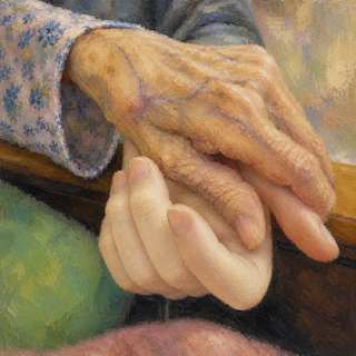 Close-up of an elderly hand resting over a younger hand, conveying care and connection in a painted scene.
