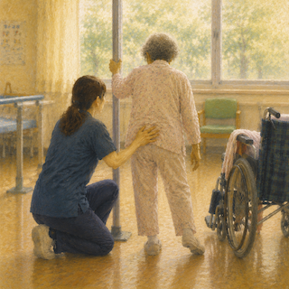 Caregiver guiding an elderly woman with a walker in a bright room, wheelchair nearby in a care setting.