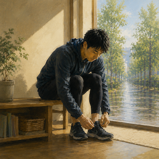 Man ties his sneaker laces on a wooden bench by a doorway, with a sunny lake and trees visible outside.
