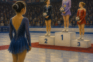 Figure skating awards ceremony on an ice rink: three skaters stand on the podium (1st in purple at center, 2nd in navy on the left, 3rd in red on the right) while a fourth skater in blue watches from the foreground.