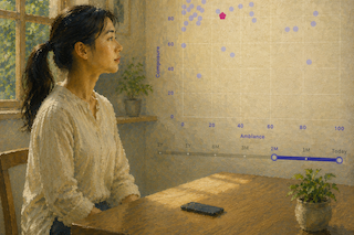 Side-profile of a woman with a ponytail seated at a wooden table in a sunlit room, looking toward a translucent chart with blue and pink dots and axes labeled 'Practice Context.'
