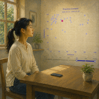 Side-profile of a woman with a ponytail seated at a wooden table in a sunlit room, looking toward a translucent chart with blue and pink dots and axes labeled 'Practice Context.'