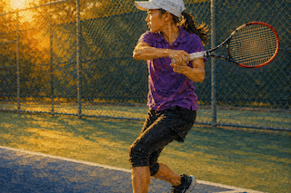 Woman in a purple shirt and cap swinging a backhand on an outdoor tennis court at sunset.