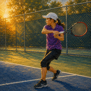 Woman in a purple shirt and cap swinging a backhand on an outdoor tennis court at sunset.