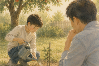 Young boy waters a sapling with a metal watering can while an adult man watches in a sunny backyard garden.