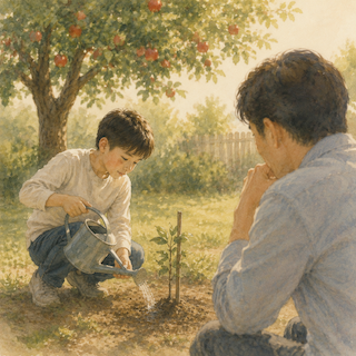 Young boy waters a sapling with a metal watering can while an adult man watches in a sunny backyard garden.