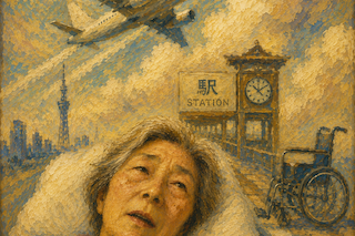 Painting of an elderly woman resting in the foreground, with an airplane, clock, and wheelchair at a station behind her (impressionistic style).