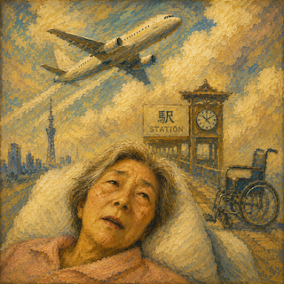 Painting of an elderly woman resting in the foreground, with an airplane, clock, and wheelchair at a station behind her (impressionistic style).