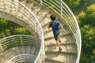 迂回路はない・プラクティスの法則 Boy wearing a blue shirt and shorts running down a concrete spiral staircase outdoors among green trees.
