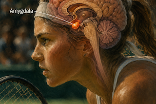 Amygdala Side profile of a female tennis player with a highlighted brain diagram, focusing on the amygdala labeled in the head.