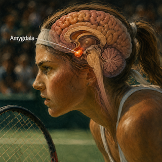 Side profile of a female tennis player with a highlighted brain diagram, focusing on the amygdala labeled in the head.