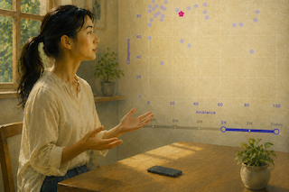 Woman seated at a wooden table presenting a large graph on a glass wall, with blue scatter points and a pink highlight, in a sunlit room.