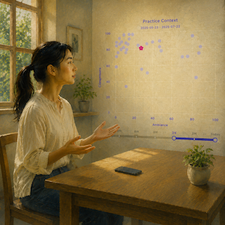Woman seated at a wooden table presenting a large graph on a glass wall, with blue scatter points and a pink highlight, in a sunlit room.