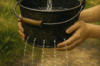 Hands hold a metal bucket with holes along the bottom as water pours out in thin streams onto a gravel path.
