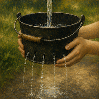 Hands hold a metal bucket with holes along the bottom as water pours out in thin streams onto a gravel path.