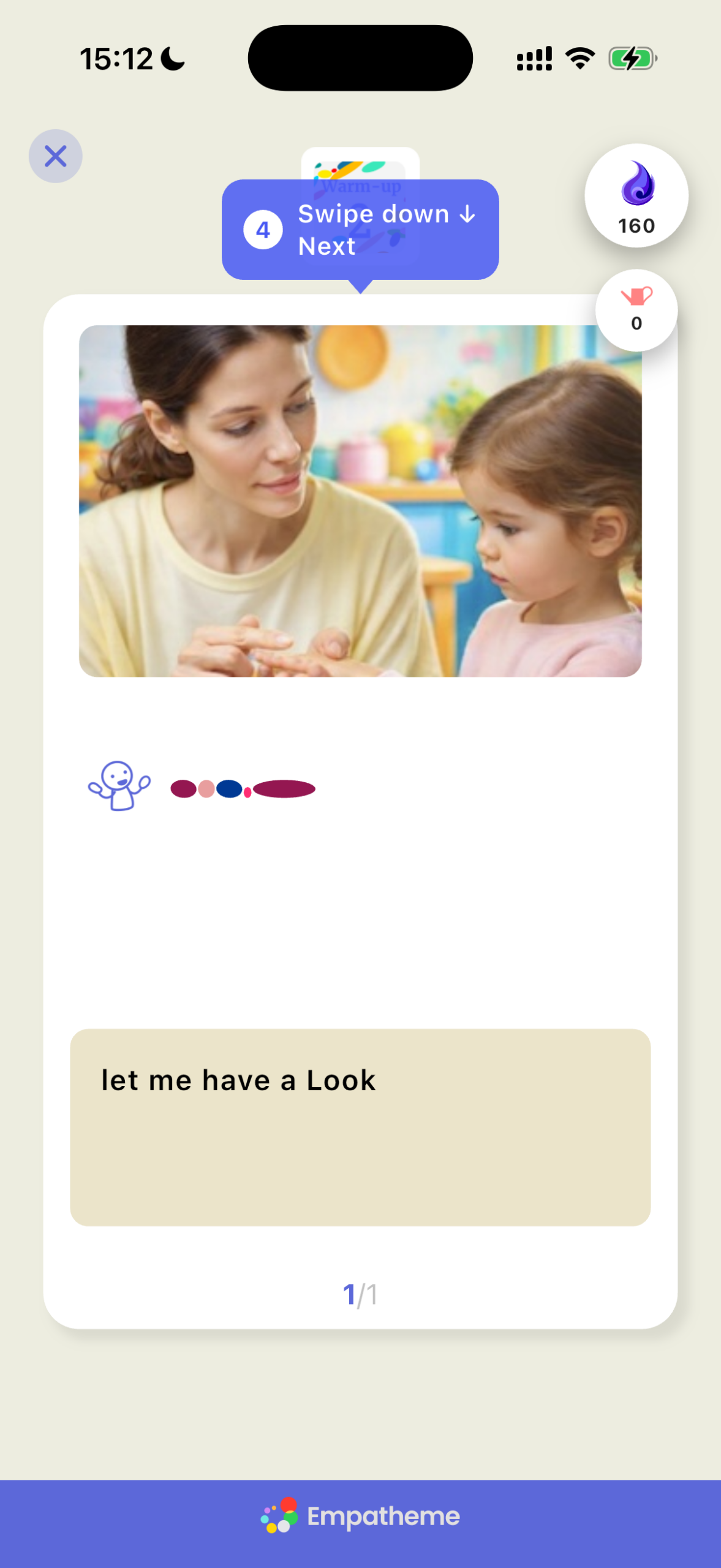 Onboarding screen: photo of a mother and child in a classroom inside a rounded white card, with a blue 'Swipe down Next' tip and a beige 'let me have a Look' panel below, plus brand bar at the bottom.